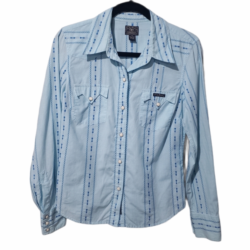 Lucky Brand Size M Snap Front Western Top Blue Embroidered